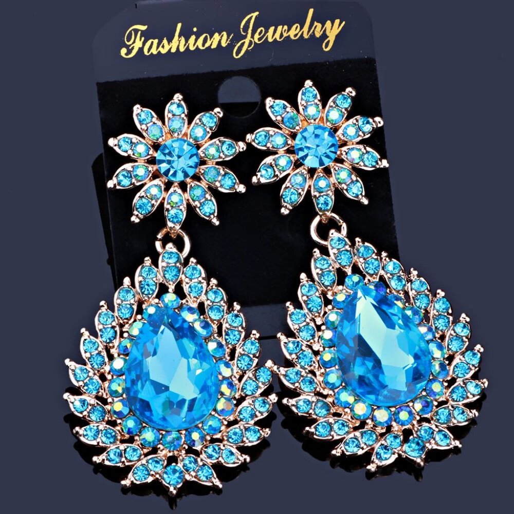 Blue Austrian Crystal Formal Sparkle Earrings Pageant Prom Formal Bridal